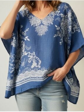 Chicos 100% Linen Floral 2-Way Poncho Top Flowy Boho Blouse Coastal Beach